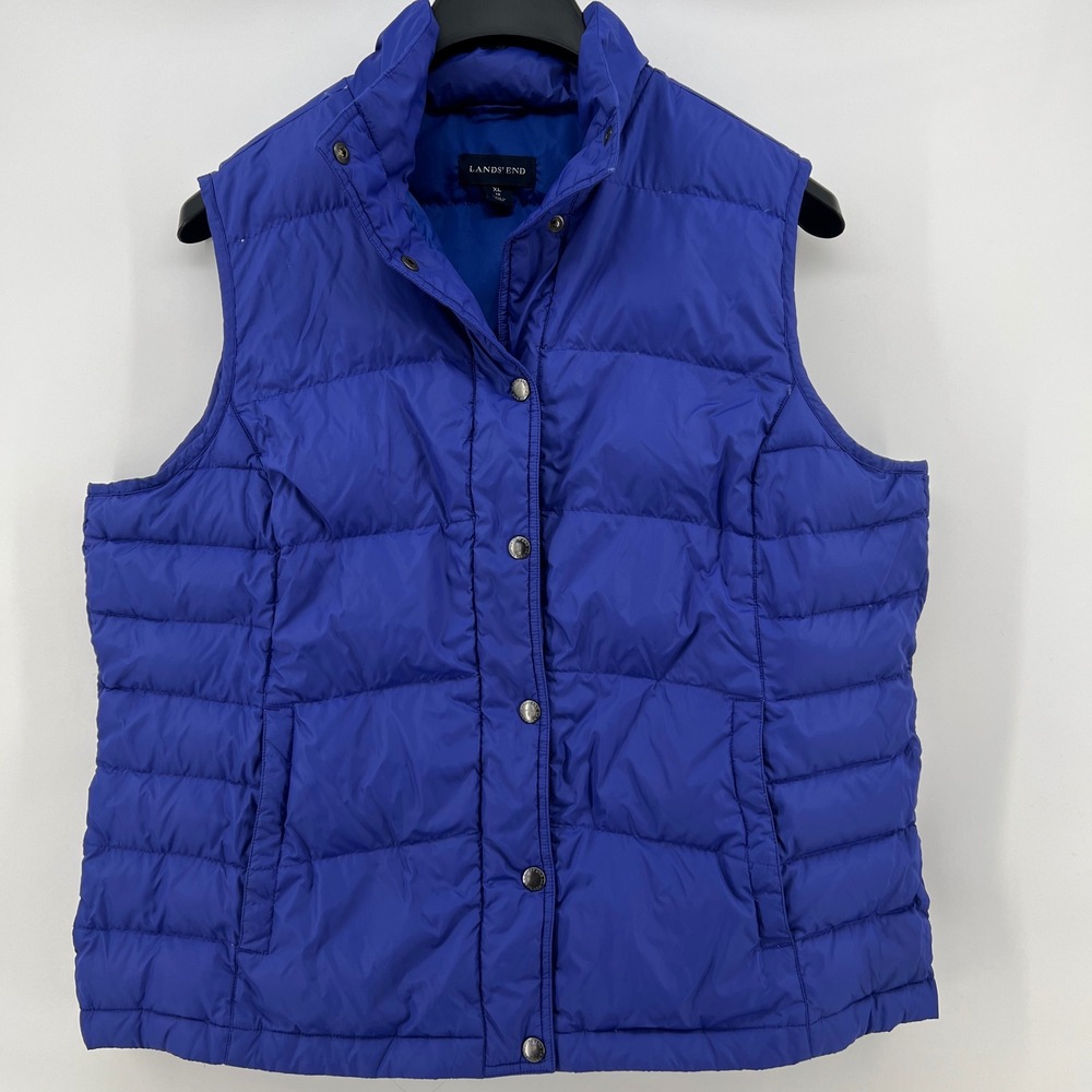 Lands End Womens Blue Puffer Vest Down Insulated Quilted Buttons‎ Pockets Sz XL
